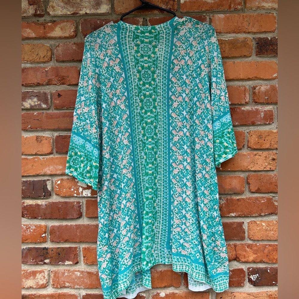 Chico's Teal & White Printed Open Cardigan with Striped Tee - Picture 8 of 8